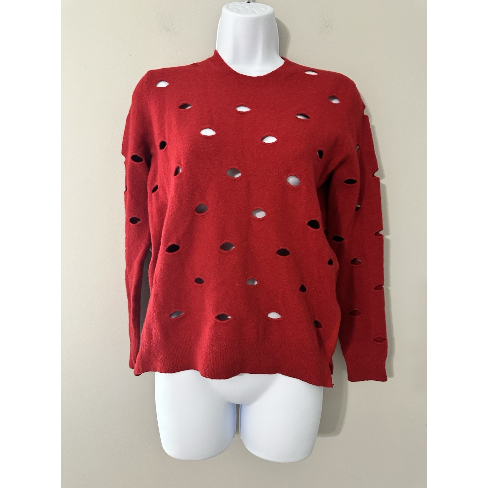 Jnby Avant-Garde Red Distressed Cutout Wool Yak Blend Sweater Pullover M